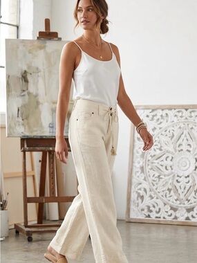 Pure Color Drawstring w Button Zip Linen Cream Trouser Pants sz 31 EUC